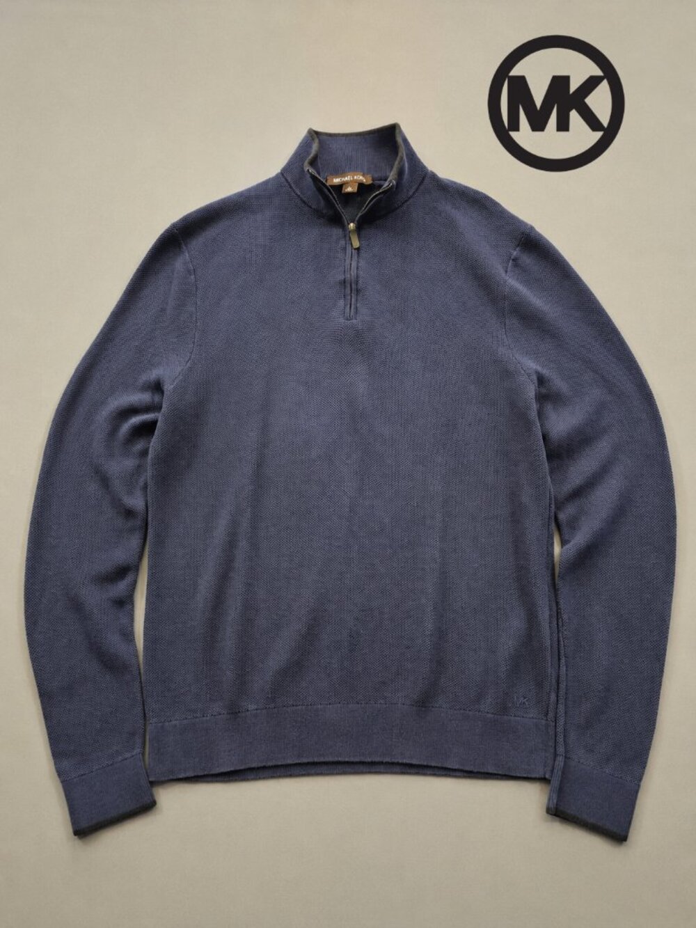 Michael Kors Blue Textured Knit Quarter Zip Sweater Men's XL